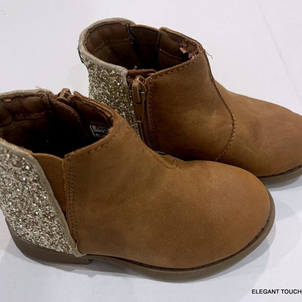 OshKosh B’ Gosh Girls Boots Size 7 Brown Faux Suede Ankle Booties Glitter Heel